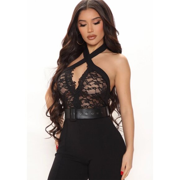 NWT Fashion Nova Excuse You Lace Halter Black Jumpsuit w/ Belt – XS - Picture 2 of 4